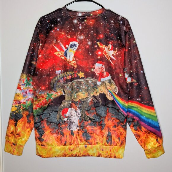 Christmas Sweatshirt Galaxy Dinosaur Flying Cats Pigs Santa Hat Rainbow Medium - Picture 4 of 15